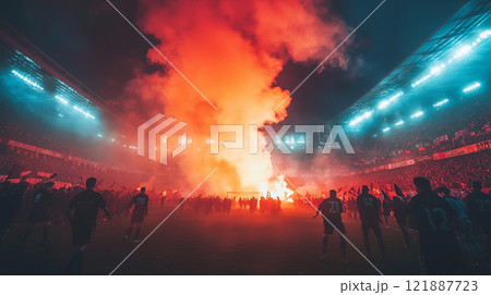 サッカースタジアムと熱狂的なサポーター 121887723