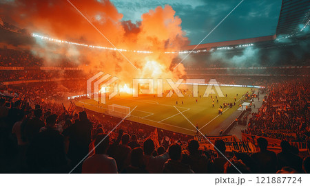 サッカースタジアムと熱狂的なサポーター 121887724