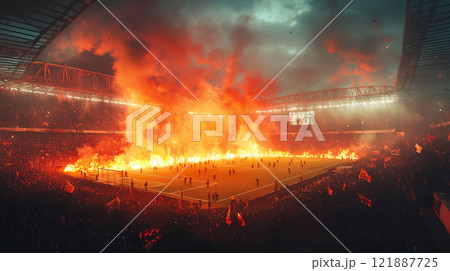 サッカースタジアムと熱狂的なサポーター サッカースタジアムと熱狂的なサポーター 121887725