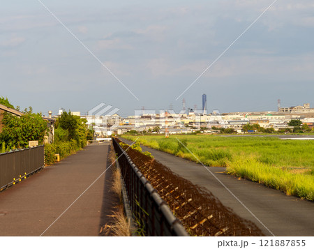 早朝の八尾空港南遊歩道と街の風景 早朝の八尾空港南遊歩道と街の風景 121887855