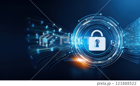 Digital lock symbol representing advanced financial security measures, surrounded by glowing data streams, showcasing cutting edge technology for crypto wallet protection 121888522