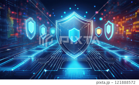 Futuristic security shields in vibrant digital landscape symbolize advanced protection in cryptocurrency exchange market. This captures essence of secure financial environment 121888572