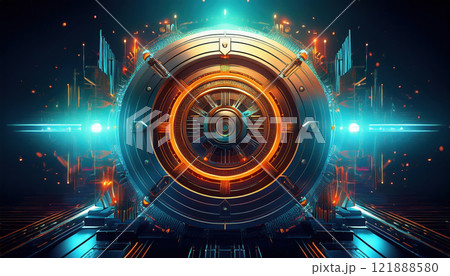 glowing virtual vault with advanced blockchain defenses, showcasing seamless financial encryption and sleek cyber aesthetics glowing virtual vault with advanced blockchain defenses, showcasing seamless financial encryption and sleek cyber aesthetics 121888580