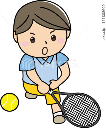 気合・怒りの表情でテニスをする男性 121888609