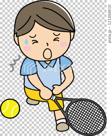 Illustration of a man feeling pain while playing tennis 121888610