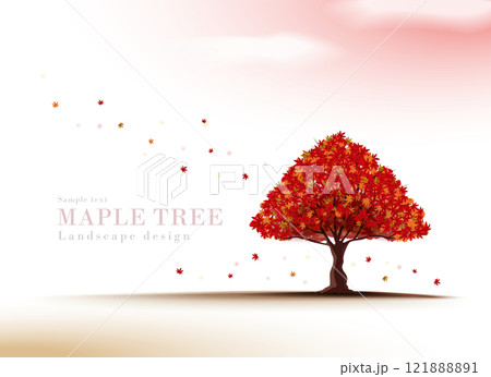 夕空広がる草原の上に立つ鮮やかな紅葉の木・もみじのリアルイラスト｜秋の景色 121888891