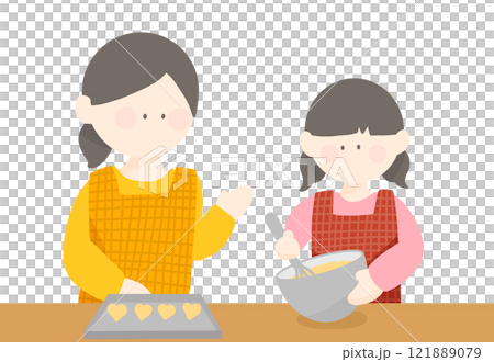 Parents and children making Valentine's Day heart-shaped sweets 121889079