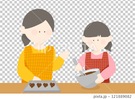 バレンタイン ハートのチョコ作りをする親子 121889082