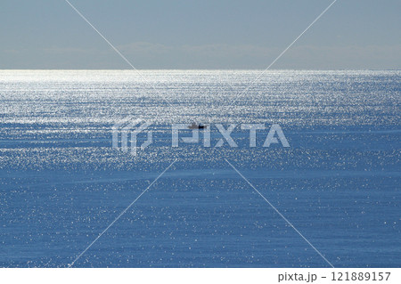 初春の光る海を航行する漁船 121889157