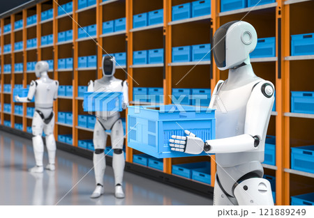Automation warehouse with assistant robot work in warehouse 121889249