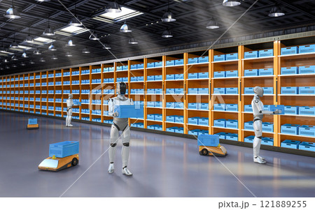 Automation warehouse with assistant robot work in warehouse Automation warehouse with assistant robot work in warehouse 121889255