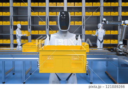 Automation warehouse with assistant robot work in warehouse 121889266