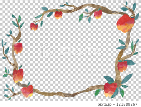 Stylish decorative frame material of apples and tree branches in paper-cut style 121889267
