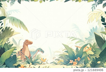 Jungle scrapbook page with cute dinosaur in corner, Forest with dinosaurs and foliage, for kids. 121889406