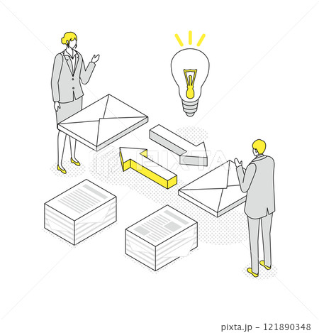 アイソメトリック_問い合わせのやり取りをするビジネスマンたち アイソメトリック_問い合わせのやり取りをするビジネスマンたち 121890348