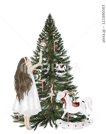 Girl decorates Christmas tree watercolor. Hand drawn vintage postcard for Christmas and New Year. Evergreen plant with retro toys nutcracker, horse, ballerina. Clipart isolated festive on white Girl decorates Christmas tree watercolor. Hand drawn vintage postcard for Christmas and New Year. Evergreen plant with retro toys nutcracker, horse, ballerina. Clipart isolated festive on white 121890565