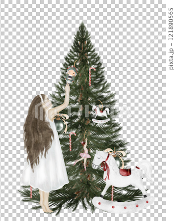 Girl decorates Christmas tree watercolor. Hand drawn vintage postcard for Christmas and New Year. Evergreen plant with retro toys nutcracker, horse, ballerina. Clipart isolated festive on white Girl decorates Christmas tree watercolor. Hand drawn vintage postcard for Christmas and New Year. Evergreen plant with retro toys nutcracker, horse, ballerina. Clipart isolated festive on white 121890565