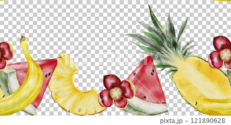 Seamless border of tropical fruits. Hand drawn drawing of ripe watermelon and pineapple and bananas cut into pieces. Clip art of exotic fruits on isolated white background. Ideal for building 121890628