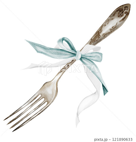 Fork watercolor. Silver cutlery with a bow hand drawn on isolated white background. Clip art of vintage fork made of nickel silver. Ideal for restaurant menu design and cookbooks Fork watercolor. Silver cutlery with a bow hand drawn on isolated white background. Clip art of vintage fork made of nickel silver. Ideal for restaurant menu design and cookbooks 121890633