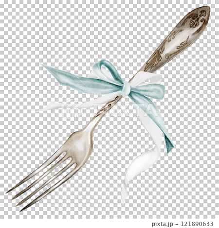 Fork watercolor. Silver cutlery with a bow hand drawn on isolated white background. Clip art of vintage fork made of nickel silver. Ideal for restaurant menu design and cookbooks 121890633