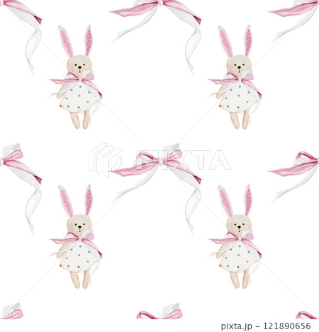 Nursery seamless patterns with cute bunny. Watercolor ornament with toys hand drawing. Illustration of rabbit with a bow on a white background. Children's design. Ideal for children's textiles 121890656