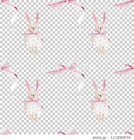 Nursery seamless patterns with cute bunny. Watercolor ornament with toys hand drawing. Illustration of rabbit with a bow on a white background. Children's design. Ideal for children's textiles 121890656