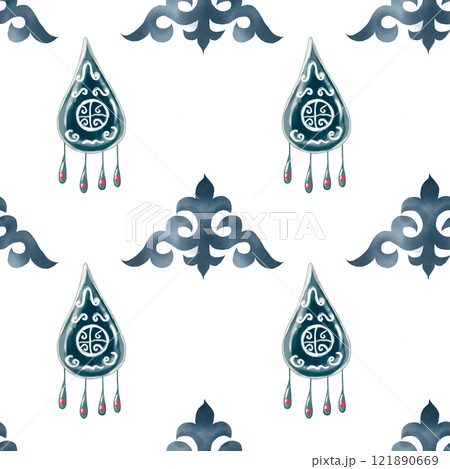 Kazakh pattern seamless watercolor. Ornament with earrings and patterns. Hand drawn illustration on white background of Asian elements. For printing on fabrics and packaging paper for Nauryz 121890669