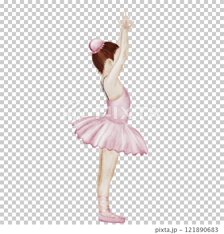 Ballerina watercolor. Hand drawn incredible girl dancer in pink tutu skirt. Clip art on isolated white background of cute ballet beauty. Perfect for poster and cards, princess daughter room design 121890683