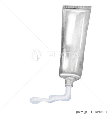 Watercolor toothpaste tube. Oral hygiene toothpaste. Dental hygiene. Dental clip art. Aluminum container of ecological toothpaste. Ideal for decorating posters and brochures in dentistry. 121890684