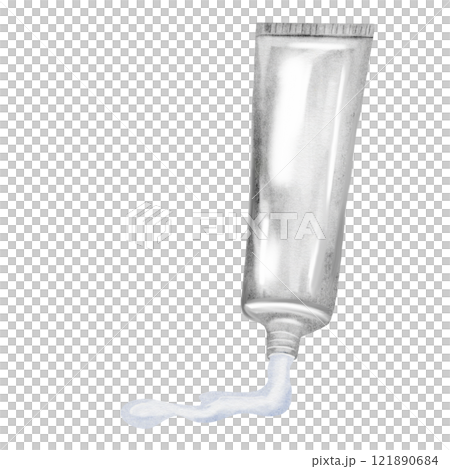Watercolor toothpaste tube. Oral hygiene toothpaste. Dental hygiene. Dental clip art. Aluminum container of ecological toothpaste. Ideal for decorating posters and brochures in dentistry. 121890684