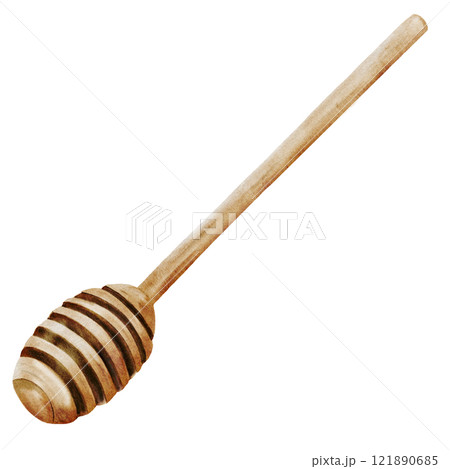 Honey stick watercolor. Hand drawn wooden spoon for honey. Clip art of kitchen appliance on isolated white background. Ideal for logo and design of beekeeping products store 121890685