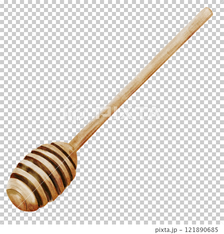 Honey stick watercolor. Hand drawn wooden spoon for honey. Clip art of kitchen appliance on isolated white background. Ideal for logo and design of beekeeping products store 121890685