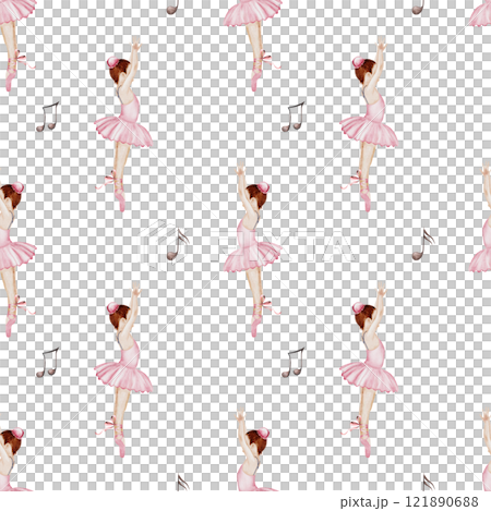 Ballet watercolor pattern. Little ballerina. Hand drawn seamless incredible girl dancer in pink tutu skirt with musical notes. Clip art on isolated white background of cute ballet beauty. Ideal for Ballet watercolor pattern. Little ballerina. Hand drawn seamless incredible girl dancer in pink tutu skirt with musical notes. Clip art on isolated white background of cute ballet beauty. Ideal for 121890688