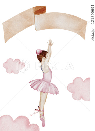 Ballet watercolor. Little Ballerina. Hand drawn incredible girl dancer in pink tutu skirt. Clip art on isolated white background of cute ballet beauty. Perfect for poster and cards, princess daughter 121890691