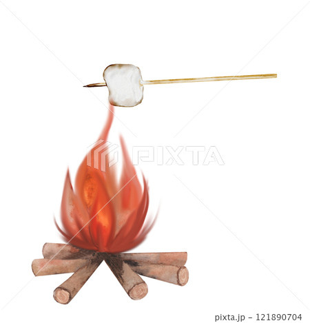 Marshmallow on a wooden stick watercolor. Hand drawn sweet caffeta on a skewer on an isolated white background. Clip art in camp and barbecue style. Ideal for marshmallow packaging Marshmallow on a wooden stick watercolor. Hand drawn sweet caffeta on a skewer on an isolated white background. Clip art in camp and barbecue style. Ideal for marshmallow packaging 121890704
