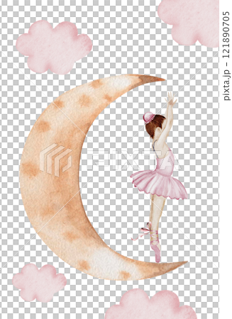 Ballerina watercolor. Hand drawn incredible girl dancer in pink tutu skirt on the moon. Clip art on isolated white background of cute ballet beauty. Perfect for poster and cards, princess daughter 121890705