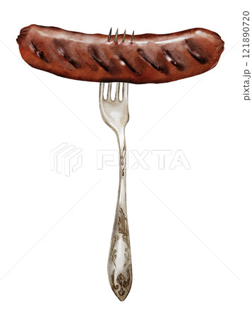 Sausage on a fork watercolor. Hand drawn hot dog on isolated white background. Clipart of grilled sausage. Food illustration. Ideal for posters and menus of restaurants, bars. Oktoberfest postcard Sausage on a fork watercolor. Hand drawn hot dog on isolated white background. Clipart of grilled sausage. Food illustration. Ideal for posters and menus of restaurants, bars. Oktoberfest postcard 121890720