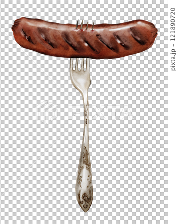 Sausage on a fork watercolor. Hand drawn hot dog on isolated white background. Clipart of grilled sausage. Food illustration. Ideal for posters and menus of restaurants, bars. Oktoberfest postcard Sausage on a fork watercolor. Hand drawn hot dog on isolated white background. Clipart of grilled sausage. Food illustration. Ideal for posters and menus of restaurants, bars. Oktoberfest postcard 121890720