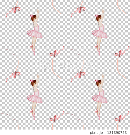 Ballerina watercolor pattern. Hand drawn seamless incredible girl dancer in pink tutu skirt with vintage bows. Clip art on isolated white background of cute ballet beauty. Ideal for baby textiles 121890728