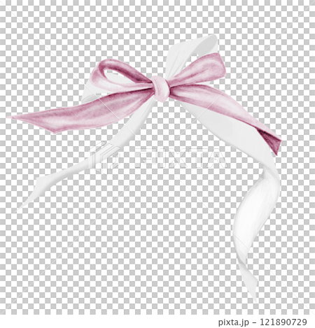 Watercolor bow. Knotted thin ribbon in vintage style. Clip art isolated on white background in coquette and shabby chic style. For designing cards and invitations for weddings and Valentine's Day Watercolor bow. Knotted thin ribbon in vintage style. Clip art isolated on white background in coquette and shabby chic style. For designing cards and invitations for weddings and Valentine's Day 121890729