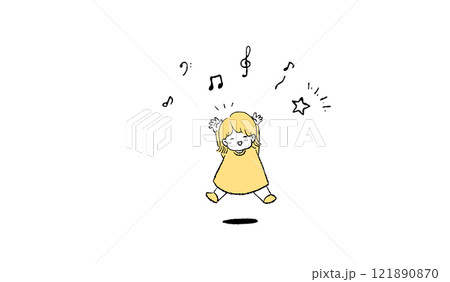 楽しそうにジャンプする女の子と音符と星のイラスト 121890870