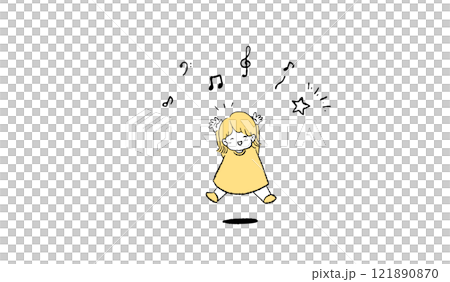 楽しそうにジャンプする女の子と音符と星のイラスト 121890870