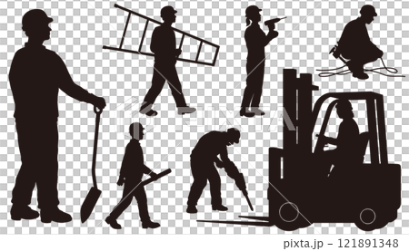 Construction workers vector black and white illustration set 121891348