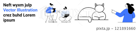 Minimalistic design with two people using laptops, a simple line drawing of a cat, and a person in blue pointing. Ideal for teamwork, technology, pets, minimalism, modern. Banner for landing page 121891660