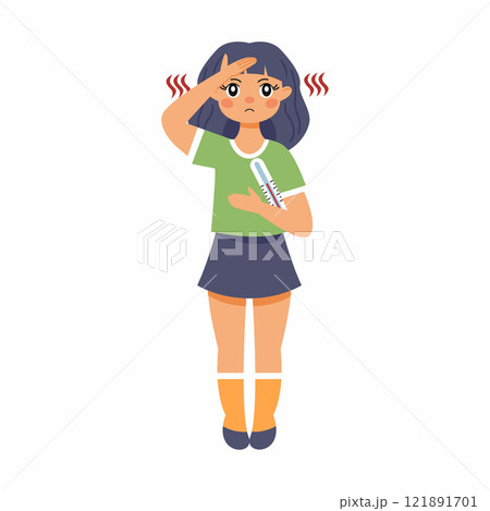 Sad girl with high fever. Symptom of viral disease or intestinal infection Sad girl with high fever. Symptom of viral disease or intestinal infection 121891701