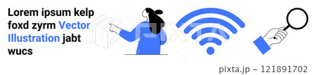 Woman in blue pointing with wireless symbol and hand holding magnifying glass. Ideal for technology, search, connectivity, discovery, analysis. Banner for landing page 121891702