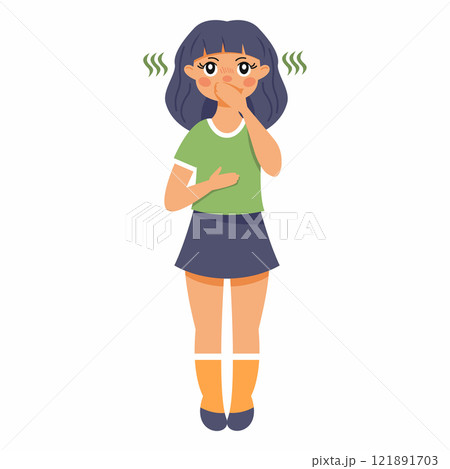 Girl feels nauseous. Symptoms of food poisoning in children. 121891703