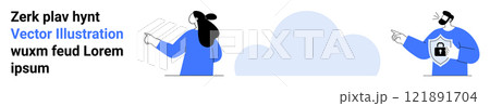 Two cartoon characters pointing at each other with a cloud in the background and random text. Ideal for digital security cloud computing online communication data protection and technology. Banner 121891704