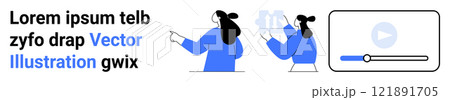 Two people discussing ideas with a video icon and progress bar element. Ideal for teamwork, collaboration, digital content creation, communication, and online education. Banner for landing page 121891705