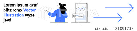 Woman presenting data graph on mobile screen with arrows pointing right. Ideal for business, data analysis, technology, progress, and presentation. Banner for landing page 121891738